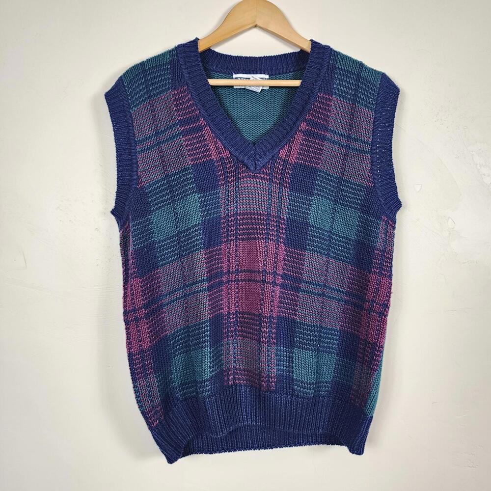Vintage Nuovo County Seat V Neck Sweater Vest Men's Teal Purple Grunge Academia